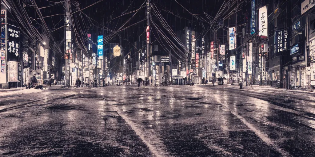 Prompt: a city street at night, snowing, photograph, cyberpunk, sharp focus, intricate detail, drone shot, high resolution, 8k, neon streetlights, wires hanging down everywhere, Japan,