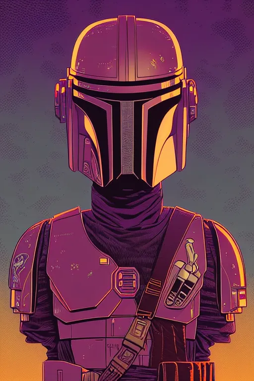 Image similar to closeup potrait of the mandalorian, intricate, volumetric lighting, moebius, geof darrow, frank miller, dan mumford, detailed illustration, digital art, victo ngai, kilian eng, vector art