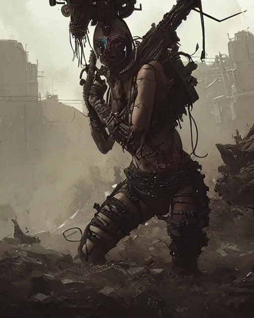 Image similar to hyper realistic photo of postapocalyptic nomad cyborg goddess, full body, cinematic, artstation, cgsociety, greg rutkowski, james gurney, mignola, craig mullins, brom