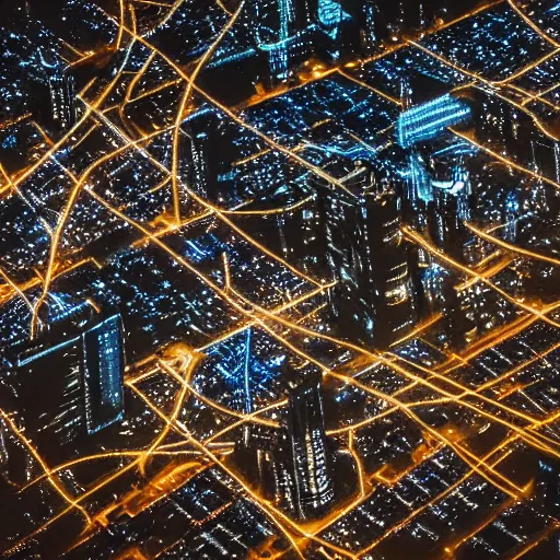 Image similar to photo of a power grid city at night birds eye view inception cinematic