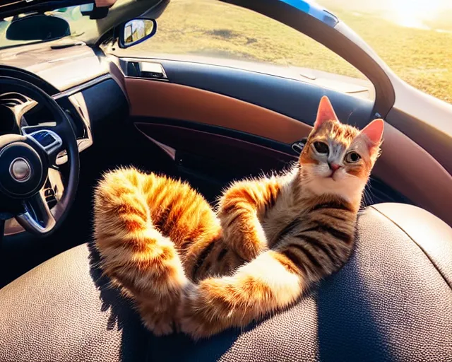 Image similar to top view of cabriolet, cat sitting in driver seat with paws on steering wheel, golden hour