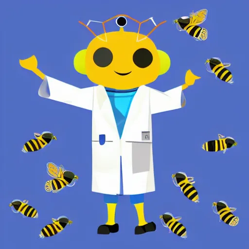 Prompt: a bee who is a scientist in a lab coat, black background, colored pencils, low poly render, vector art, flat colors, by eric carle, icon