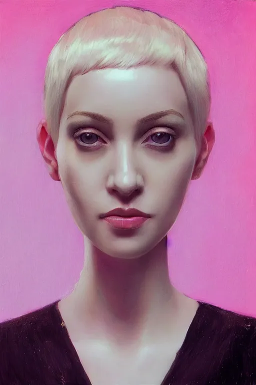 Image similar to “Portrait of a pale skin female with short pink hair, elegant, photorealistic, highly detailed, artstation, smooth, sharp focus, gold, neon lighting, sci-fi, art by Klimt.”