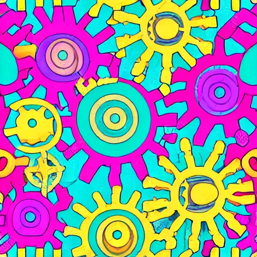 Image similar to seamless pattern showing gears. colorful, aquarel, drawing, white background, seamless, tileable, ornament.