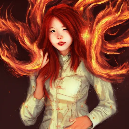 Prompt: a red haired brown eyed teenage girl surrounded by rings of flames and wisps of fire smiling maliciously. By Xiao Tong.