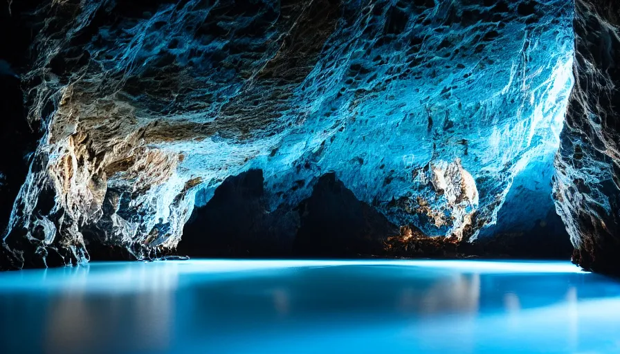 Image similar to Blue cave during the night, blue water, reflections ,god rays, incredible lighting, 4k photography award winning,