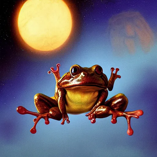 Image similar to medium close - up shot of a very cute and relaxed alienfrog floating through space, concept art, by esao andrews, by m. w. kaluta, by pixar, volumetric light, rich colors, very humorous!!!, realistic reflections, smooth, depth perception, tilt shift, 4 k, unreal engine 5, artstation