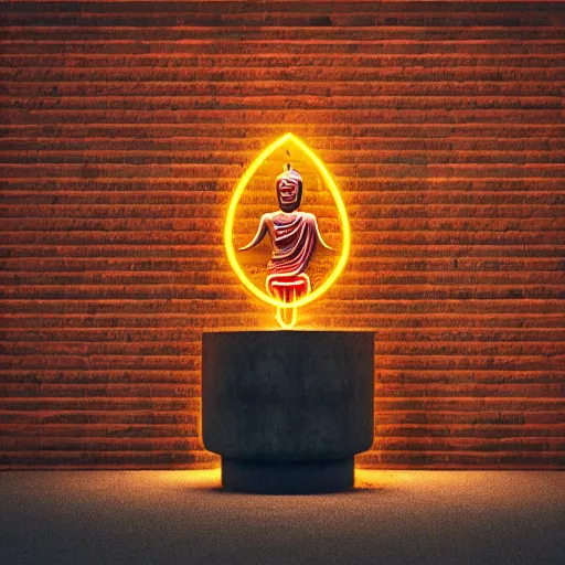 Image similar to neon light Buddha, neon tube Buddha, brick wall background, octane render