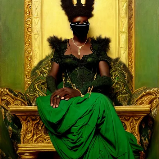 Image similar to full body portrait of black skinned, masked queen in green and black gothic robes sitting on a throne of cats, elegant, highly detailed painting by gaston bussiere, craig mullins, j. c. leyendecker, 8 k, mid shot