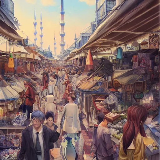 Prompt: flea market in istanbul in the future, by miho hirano, ross tran and ilya kuvshinov, realistic, detailed, beautiful fantasy detailed trending on artstation, oil painting, dramatic lighting, eterea, high quality print, fine art with subtle redshift rendering