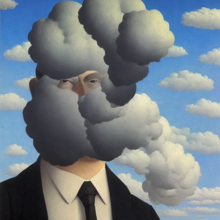 Image similar to portrait of a man whos head is hidden with a cloud, by rene magritte, detailed painting, hd, hq, high resolution, high detail, 4 k, 8 k