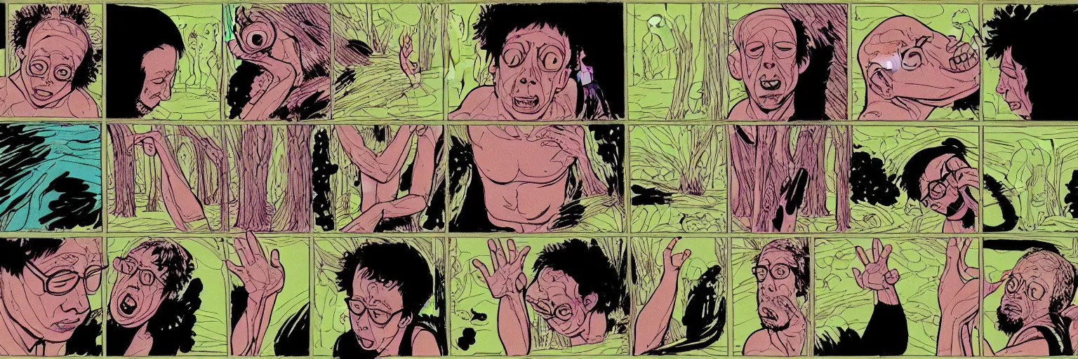 Image similar to character study of todd solondz tripping on mushrooms and becoming god | vivid colors : storyboard, graphic novel, adult comics, dramatic and emotional, concept design, realistic. by gabriel hardman, joe alves, j. todd anderson, chris bonura. cinematic atmosphere, detailed and intricate, perfect anatomy