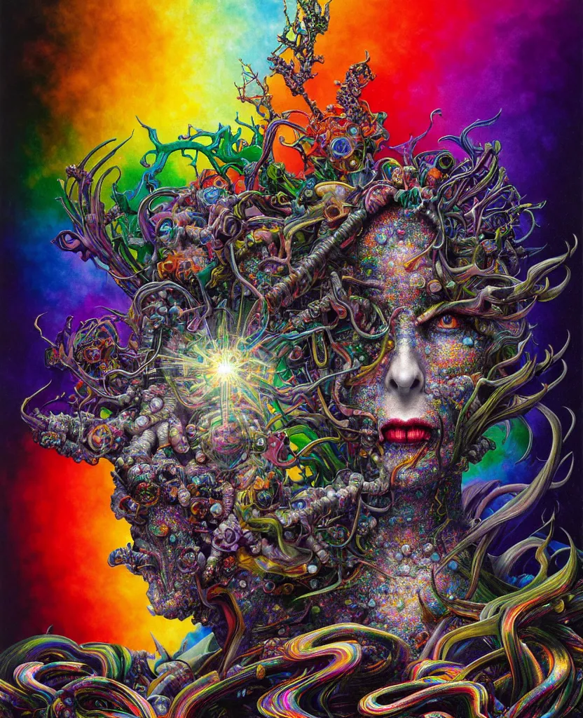 Image similar to realistic detailed image of ultra wrathful rainbow diamond nightmare scientist mega god of chaos, depth perception, depth of field, action horror by lisa frank, ayami, karol bak, neo - gothic, gothic, rich deep colors, part by adrian ghenie and gerhard richter. art by yoshitaka amano. masterpiece