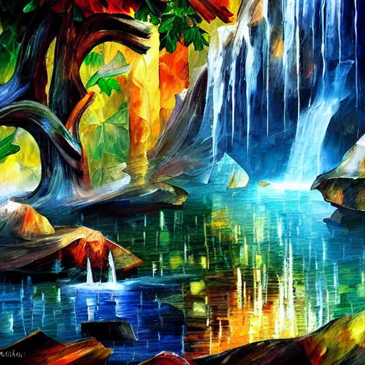 Image similar to overgrowth waterfall mushroom rich 8 k geometric by antoni gaudi, android jones, leonid afremov