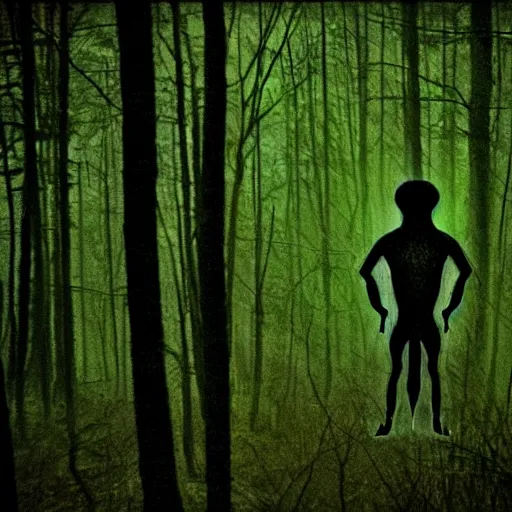 Image similar to grainy trail cam photo still of an alien in the woods at night hiding in the trees of a forest