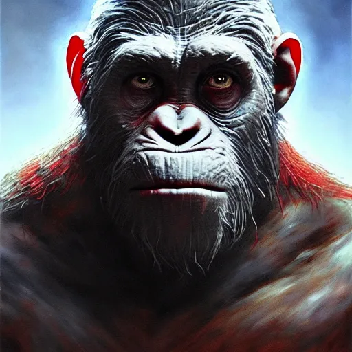 Image similar to scarred koba from the planet of the apes with one red glowing eye sitting on top of a tank, hero character art, scars, by chris leib and greg rutkowski in a surreal portrait, oil on canvas, volumetric lighting, 8k, hd.