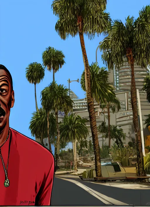 Image similar to eddie murphy gta v los santos in background, palm trees. in the art style of stephen bliss.