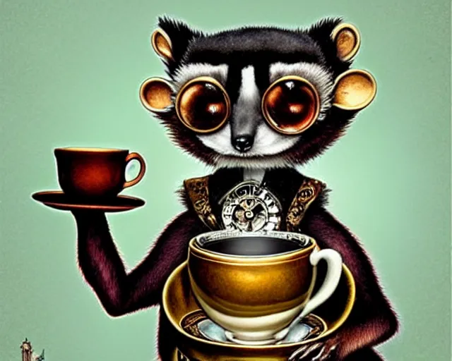 Prompt: an steampunk lemur having a cup of tea, by donato gioncola, mark ryden