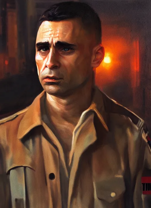 Image similar to realistic portrait of travis bickle from taxi driver, trending on artstation, low angle oil painting and composition laws, cinematic lighting, hyperdetailed, cgsociety, 8 k