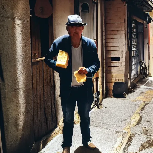 Image similar to photo of a very suspicious shady man holding cheese in a dark alleyway