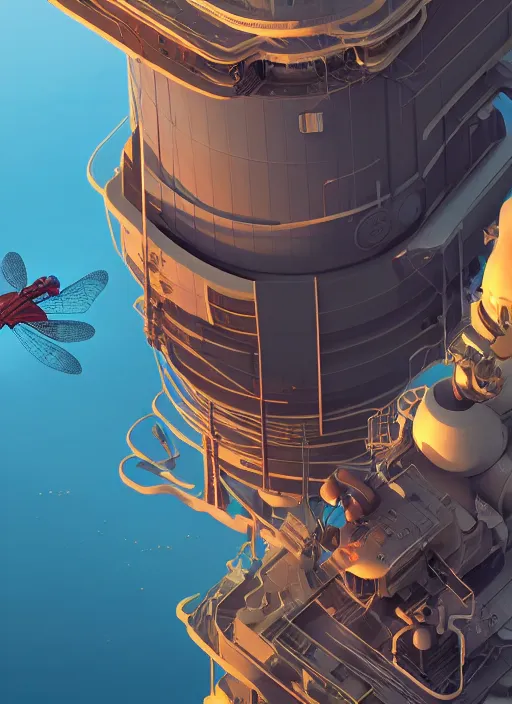 Image similar to giant nuclear plant shaped like a dragonfly, detailed, futuristic, cory loftis, james gilleard, atey ghailan, makoto shinkai, goro fujita, studio ghibli, rim light, exquisite lighting, clear focus, very coherent, plain background