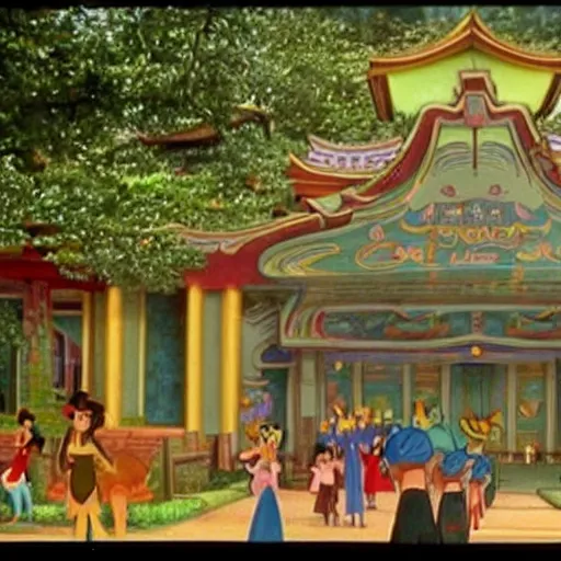 Prompt: Movie frame from the coloured Disney animated motion picture released in 1949, beautiful half built building in Taiwan forest full of