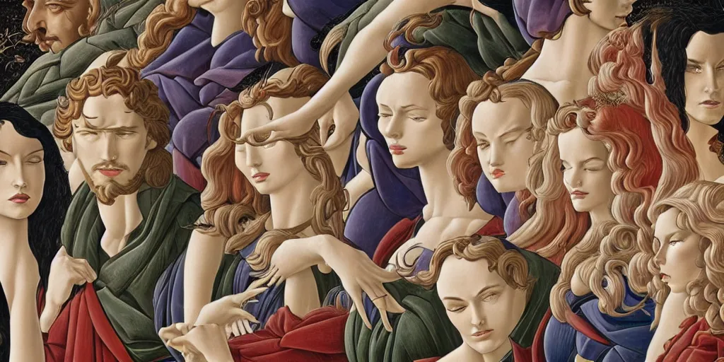 Image similar to the 12 months of the year, represented by 12 figures, of different ages and genders, in a style blend of Botticelli and Æon Flux, stunningly detailed artwork