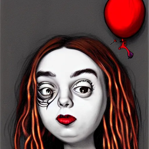 Image similar to surrealism grunge cartoon portrait sketch of billie eilish with a wide smile and a red balloon by - michael karcz, loony toons style, rick and morty style style, horror theme, detailed, elegant, intricate