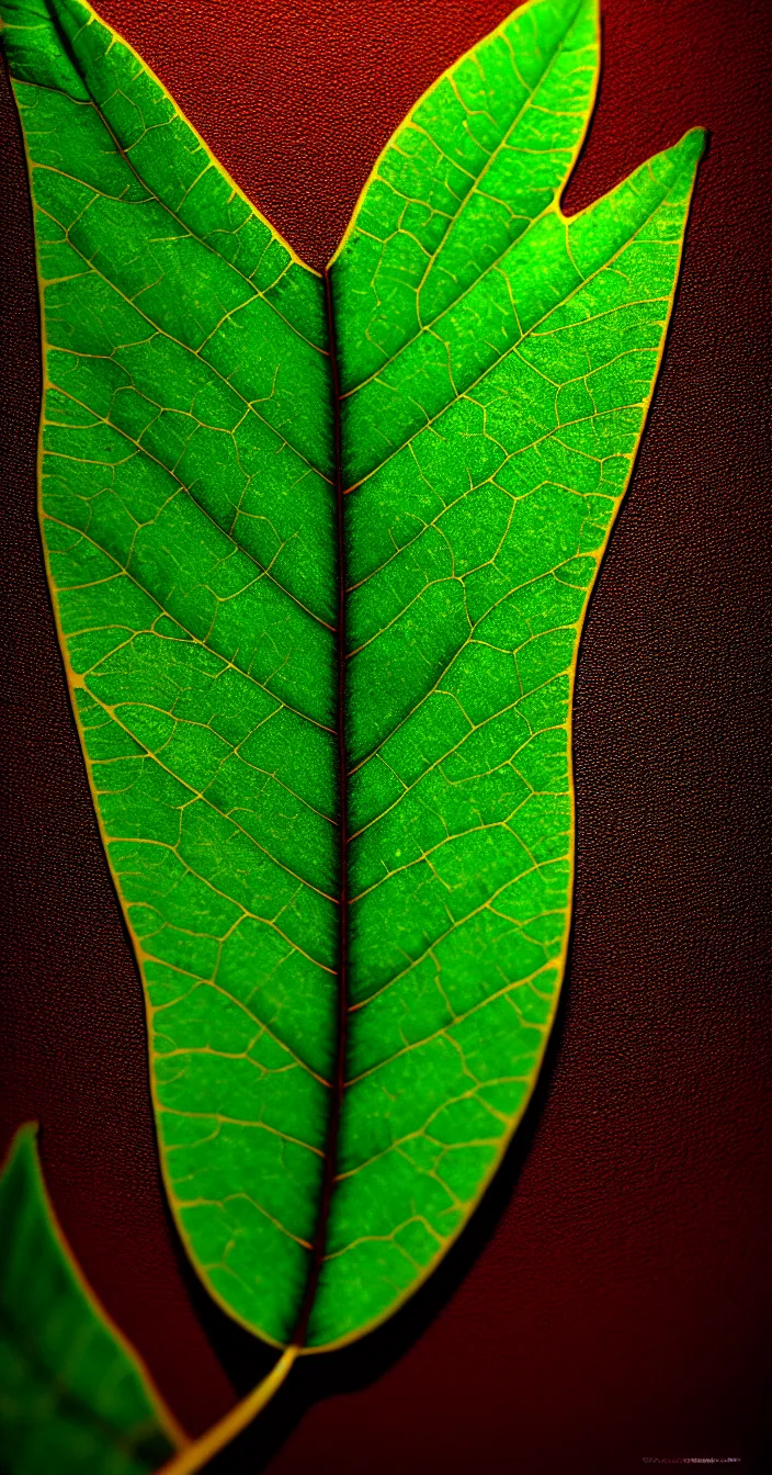 Prompt: realistic photo of a one big multi colored glowing leaf in dark textured background, full leaf is visible, very sharp focus, in the style of greg rutswoski, very hyper realistic, highly detailed, fantasy art station