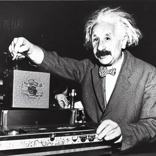 Image similar to photo of Albert Einstein DJing a record player at a nightclub, vintage, highly detailed facial features, at a nightclub