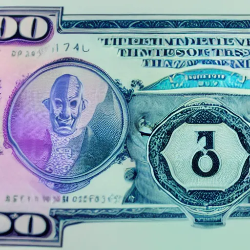 Image similar to a futuristic glowing blue banknote of currency with an alien symbol on the front