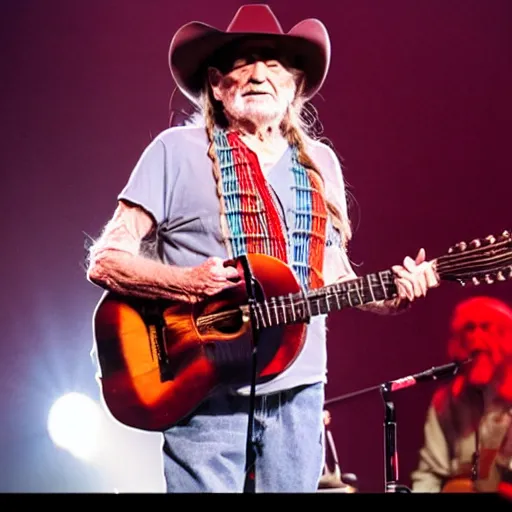 Image similar to willie nelson on stage, detailed, guitar. god rays through fog.