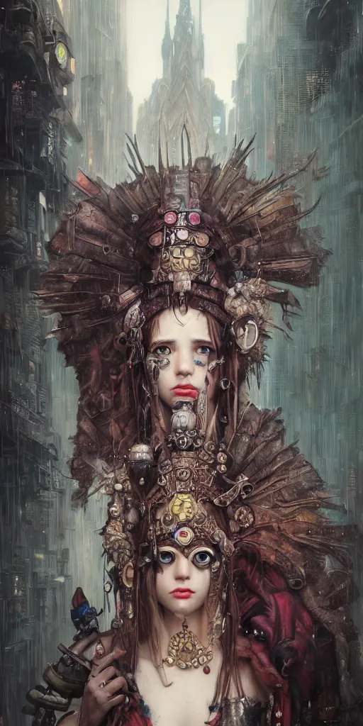 Image similar to hyper realistic Princess Mononoke, ornate mask, wet market street, cyberpunk metropolis, city landscape, jewels, style of tom bagshaw, mucha, james gurney, norman rockwell, denoised, sharp