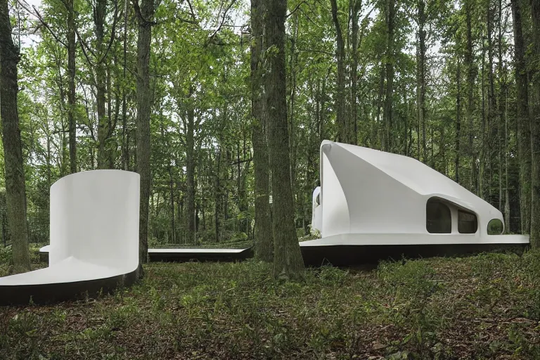 Image similar to A unique innovative and creative eco community of small affordable and contemporary creative cabins in a lush green forest with soft rounded corners and angles, 3D printed line texture, made of cement, connected by sidewalks, public space, and a park, Design and style by Zaha Hadid, Wes Anderson and Gucci