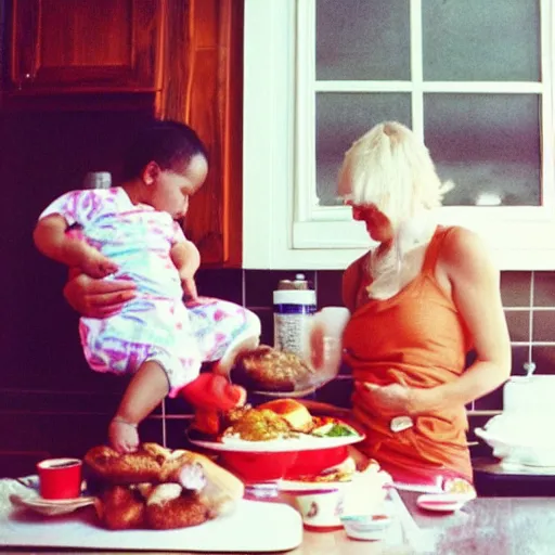 Prompt: “35mm photo of my mom feeding me in the kitchen when I was a baby. Its 1986. In the style of David lachappelle.”