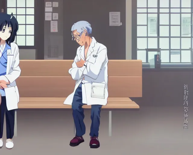 Image similar to a cute young female doctor wearing white coat are talking with an old surgeon in a clinic, slice of life anime, lighting, anime scenery by Makoto shinkai