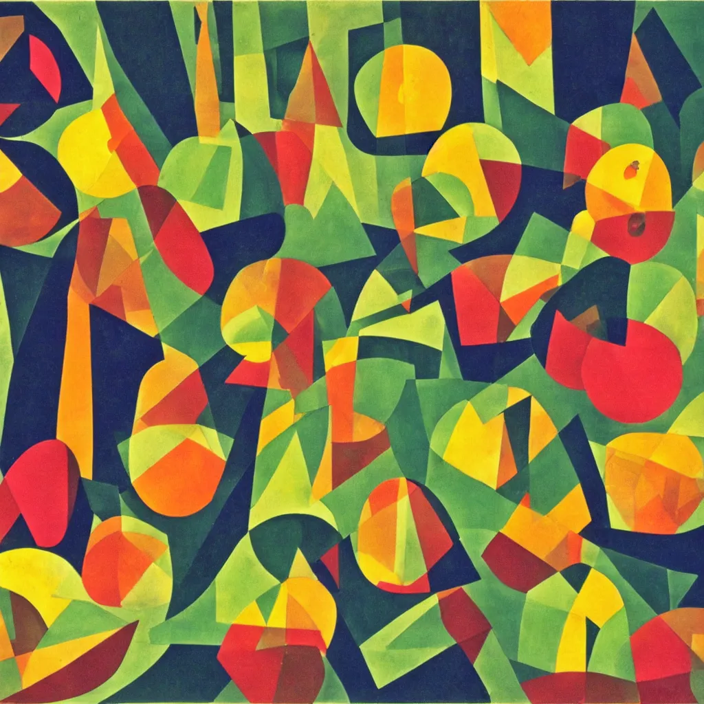 Prompt: apples and mangos in the style of eileen agar and olexander archipenko, noise, stroke around the apples and mangos, cut out effect