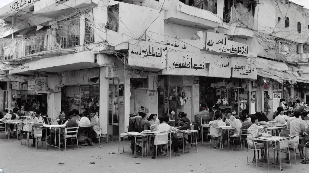 Prompt: photograph of a cafe in central baghdad in the 1 9 6 0 s + fujifilm