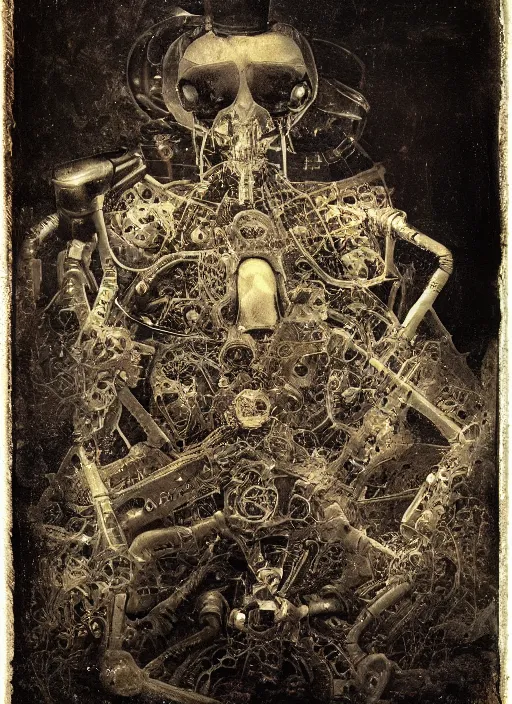 Image similar to old wetplate daguerreotype birth of a cyborg in times of eternal summoning, fractal, intricate, elegant, highly detailed, parallax, leica, medium format, subsurface scattering, by jheronimus bosch and greg rutkowski and dali and louis jacques mande daguerre