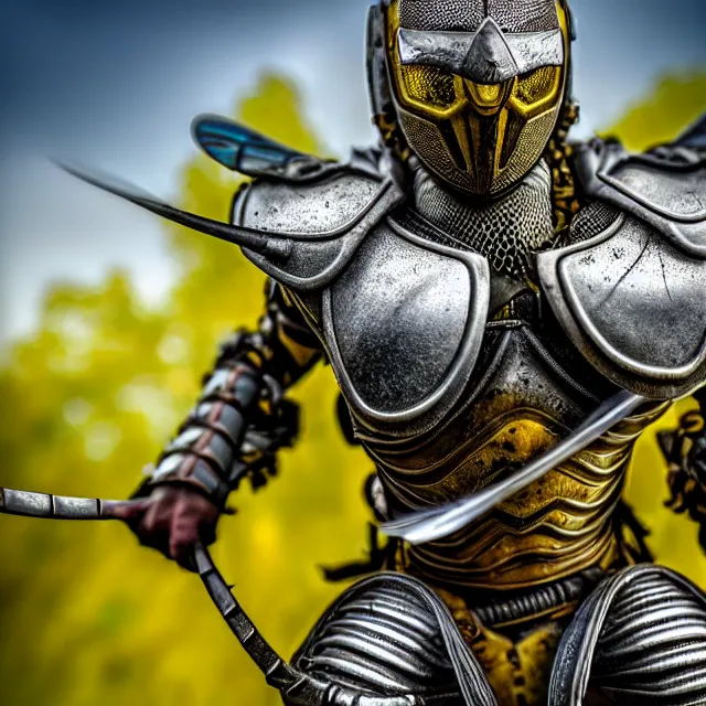 Image similar to warrior with wasp armour, highly detailed, 8 k, hdr, smooth, sharp focus, high resolution, award - winning photo