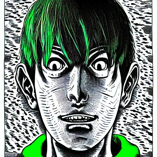 Image similar to portrait of programmer with green hood by junji ito