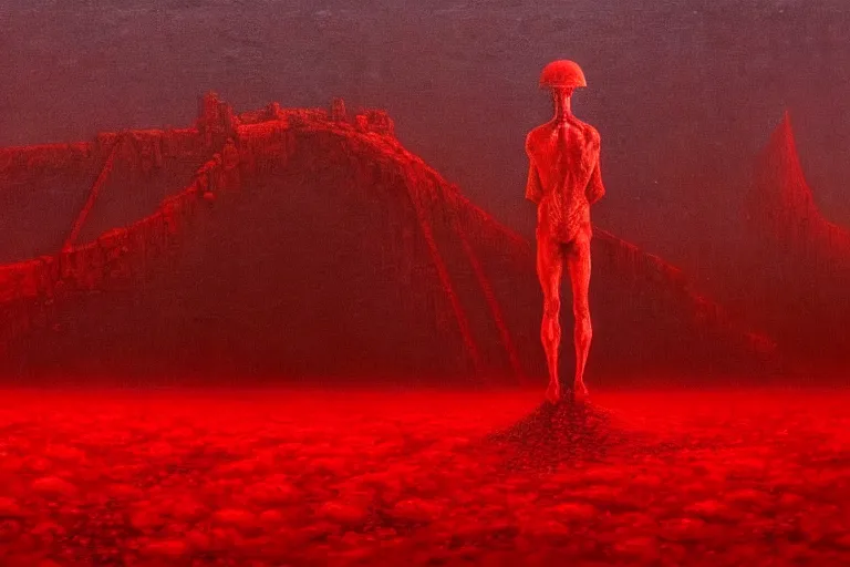 Image similar to only with red, red god of death eat apple, a futuristic city on mars in the background, red worms on the floor, in the style of beksinski, part by hopper, part by rodcenko, part by hofbauer, intricate composition, red by caravaggio, insanely quality, highly detailed, masterpiece, red light, artstation, 8 k