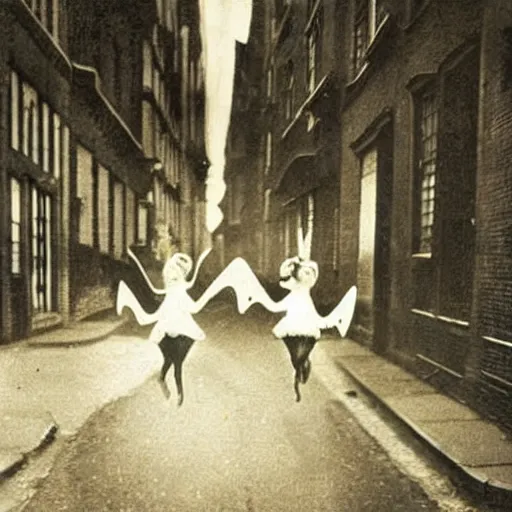 Image similar to a historical old photograph of two fairies flying through a street in brooklyn in the roaring twenties, amazing, in the evening, lights, romantic