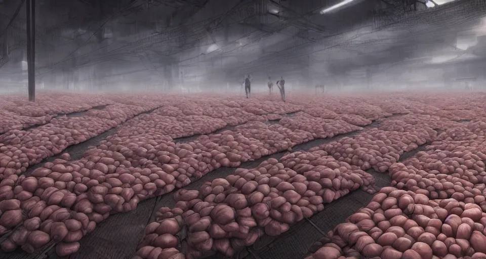 Prompt: illustration of rows of limp human bodies growing like fruit on display in a cold warehouse, refrigerated storage facility, rolling fog, cyberpunk, dystopian, dramatic lighting, unreal engine 5, colorful