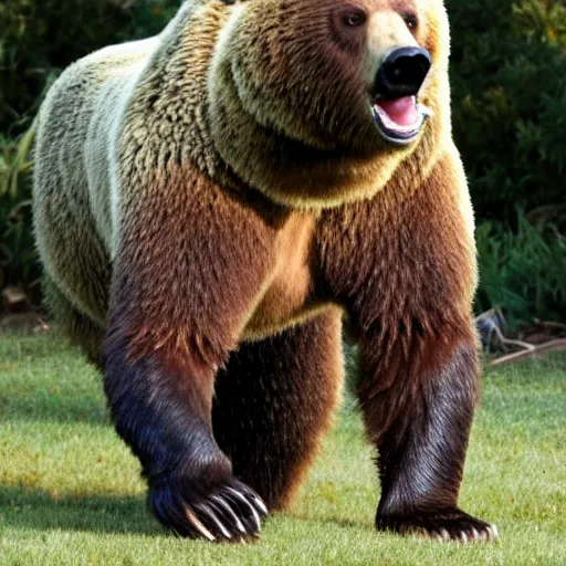 Image similar to a life sized, living, grizzly bear made from lego, attacking someone.