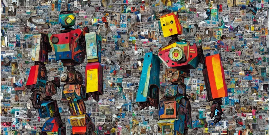 Image similar to colourful giant mecha ROBOT of AJEGUNLE SLUMS of Lagos, writings and markings on robot, magazine collage,