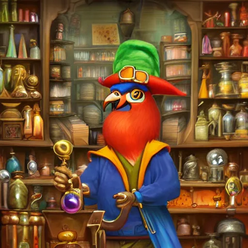 Image similar to Anthropomorphized parrot trader in his shop, shelves full, selling a gem, portrait, items, magic potions, weapons, arcana, carpet, window, fancy funny hat, sly expression , cunning expression, cute expression, presenting magic gem, D&D, fantasy, cinematic lighting, highly detailed, digital painting, artstation, concept art, smooth, sharp focus, illustration, warm light, cozy warm tint, magic the gathering artwork, volumetric lighting, 8k, no gold, no gold colours, art by Akihiko Yoshida, Greg Rutkowski