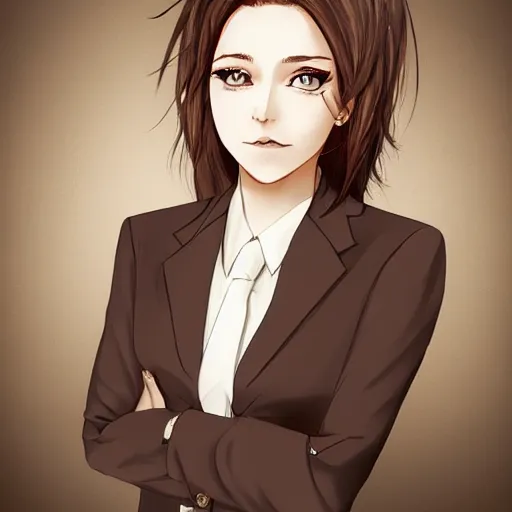 Image similar to woman in business suit, brown neat hair, pixiv, fanbox, trending on artstation, digital art, portrait, modern, sleek, highly detailed, formal, serious, determined, competent, colorized, smooth, charming, pretty, safe for work, law office