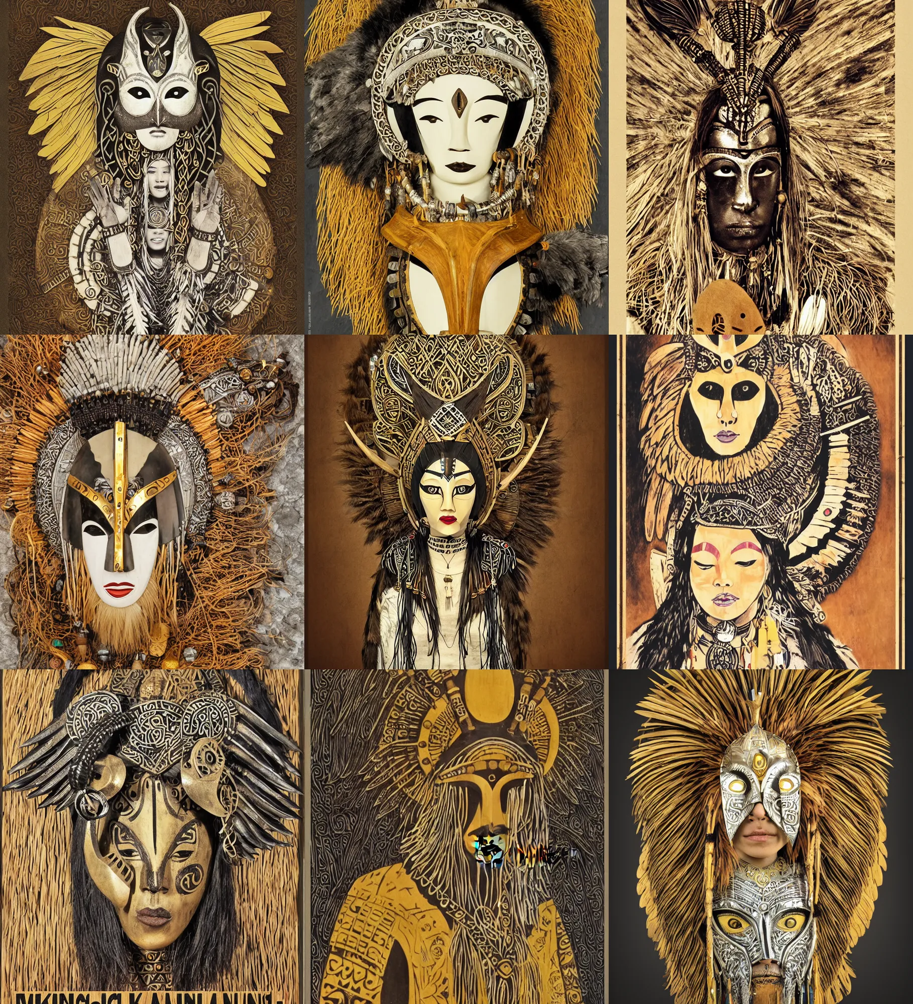 Prompt: viking shaman, african mask, asian female, boho style, hi tech, nano technology, industry, movie poster from 1960s, propaganda poster, wood clay marble ivory crow swan eagle wings head eyes bamboo, golden and silver jewerly, low poly, brutal modern sculpure, gustav klimt