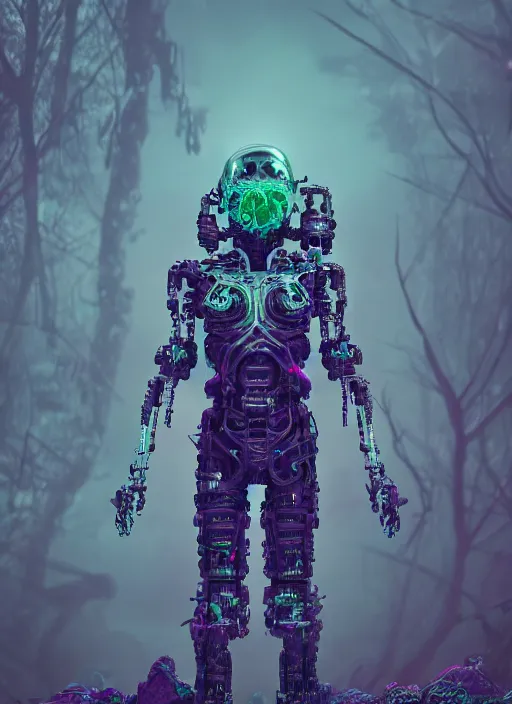 Image similar to a small psychedelic surreal horror cyborg in the chaotic spirit forest, fulcolor octane render, cinematic, ultra - realistic